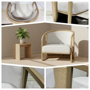 Fauteuil d'appoint de luxe moderne pour salon avec accoudoirs en bois courbé et panneaux latéraux en rotin naturel pour chambre et appartement - Product Image 4