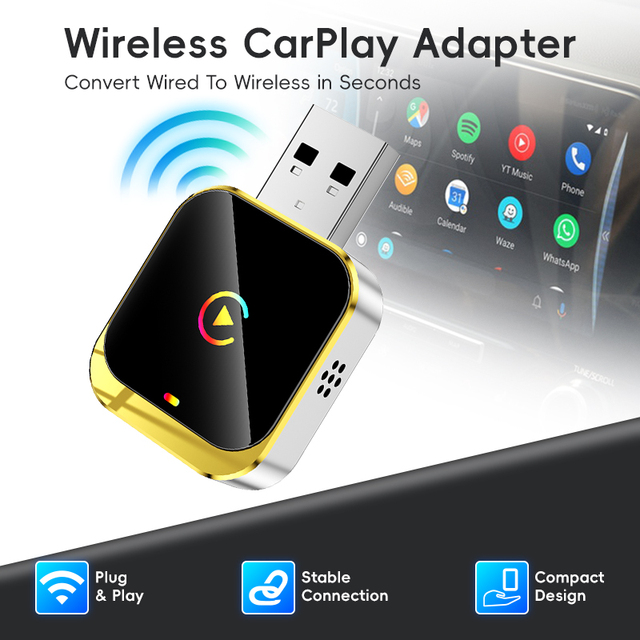 2 in 1 Gilded Frame Wireless CarPlay Adapter Portable Plug Play Built In WiFi Compact Design for Car