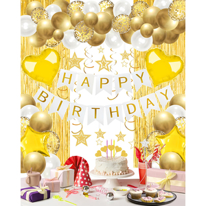 Décoration de fête d'<span class=keywords><strong>anniversaire</strong></span> dorée : Bannière, rideau de fond, confettis en papier en forme de cœur et étoiles, et guirlandes en latex - Product Image 1