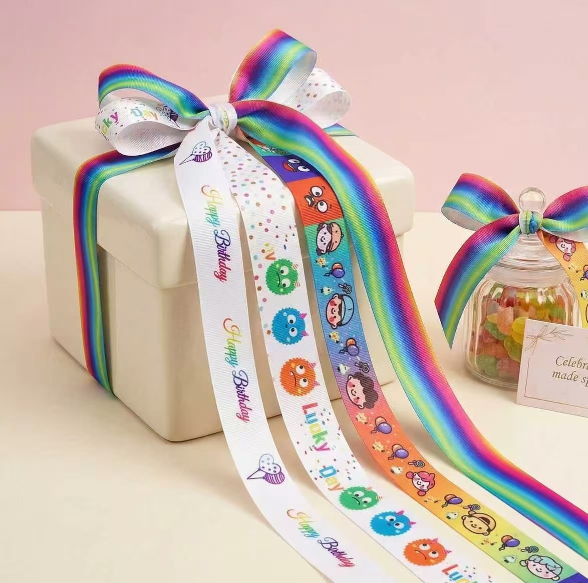 Digital Printed Polyester Birthday Ribbon with Butterfly Bow for Gift Wrap