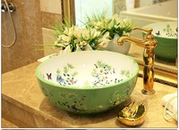 Lavabo Hecho a Mano por Proveedor Chino, Lavabo Redondo de Cerámica con Diseño de Flores y Pájaros, Lavabo Decorativo Colorido para Baño en Venta