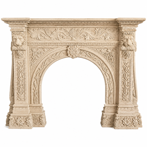 Chimenea tradicional de mármol con tallado ornamentado, de piedra arenisca beige, para interiores, con estufa de leña para comedor. - Product Image 2