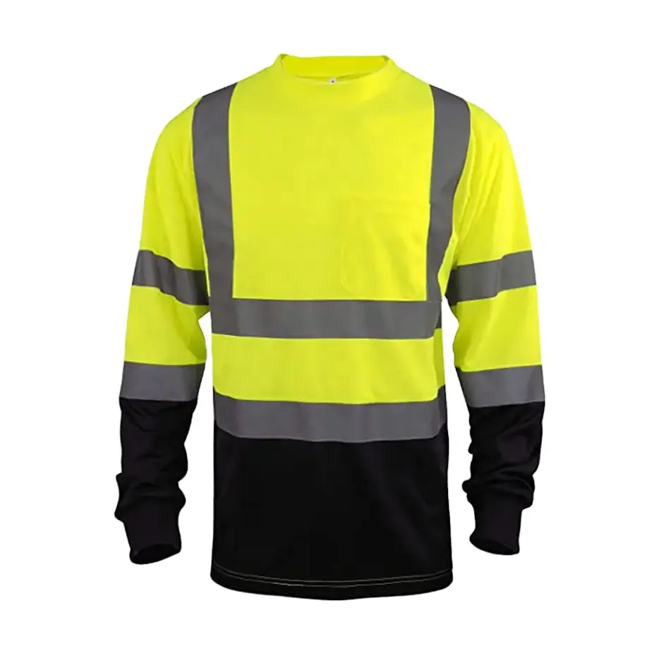 100% Polyester uzun kollu T shirt trafik görev yol yapımı için Hi Vis yansıtıcı güvenlik Tshirt