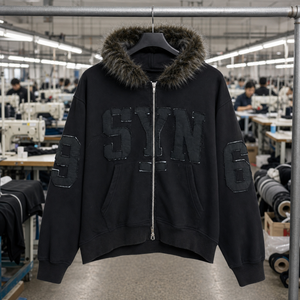 Veste d'hiver streetwear Yingling pour homme, en fausse <span class=keywords><strong>fourrure</strong></span>, noire, entièrement zippée, avec broderie et appliqué effet vieilli, en polaire épaisse 450g - Product Image 2