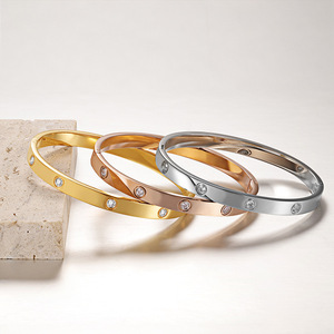 Stainless Steel Minimalist <b>Bangle</b> with Zircon Accents 18K Gold PVD Plated <b>for</b> <b>Men</b> & Women | Durable Waterproof & Hypoallergenic - Product Image 2