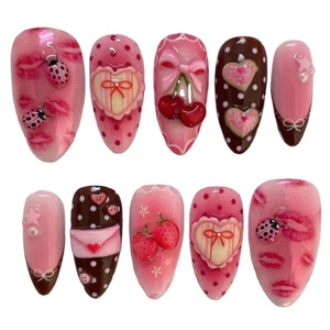 Calkkrer 24 <span class=keywords><strong>Uñas</strong></span> Postizas <span class=keywords><strong>Largas</strong></span> <span class=keywords><strong>Color</strong></span> <span class=keywords><strong>Rosa</strong></span> Empolvado, Hechas a Mano, de Gel Acrílico, Forma Almendrada, Estilo Francés - Product Image 1