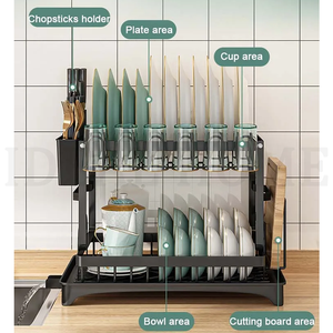 Escurridor de platos Estante para platos Ahorro de espacio Estante para secar platos de 2 niveles con una gran capacidad para mostrador de cocina Negro - Product Image 5