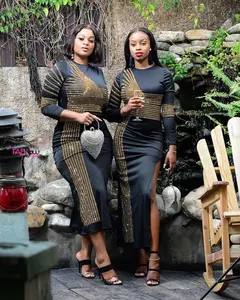 Summer Sexy Rhinestone Black African Party Dresses Round Neck Hem Split Long Sleeve Dress Diamond Celebrity Bodycon Maxi Dress