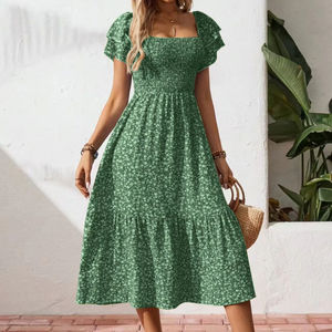 Vestido Midi de Verano, Estilo A-Line, Transpirable, Cuello Cuadrado, Mangas Abullonadas, Cintura Natural, Chifón, Nueva Llegada - Product Image 1