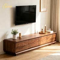 Meuble TV en noyer noir massif de 240 cm, console multimédia moderne minimaliste, support TV en bois aux coins arrondis, unité de rangement pour salon