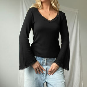 Camiseta de Punto con Cuello en V para Mujer, Otoño Invierno, con Ribete de Encaje y Mangas Acampanadas, Corte Ajustado, Elegante, para Uso Casual y de Oficina - Product Image 3