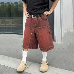 <span class=keywords><strong>Bermuda</strong></span> Baggy Homme en Denim Rouge Rétro Lavé, 100% Coton Peigné de Haute Qualité, Respirant, Brodé, Taille Haute, Braguette Zippée - Product Image 5