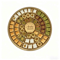 Boîte à pâtisserie haut de gamme en plastique PET de qualité alimentaire, ronde, compartimentée, pour baklava, avec logo personnalisé, boîte à douceurs arabes dorée avec couvercle transparent