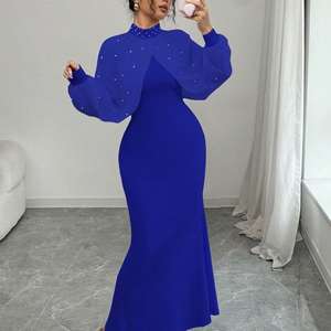 Kadın siyah İnci süslenmiş yüksek boyun fener kol Mermaid Maxi elbise zarif resmi akşam parti kıyafeti - Product Image 5