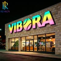 Enseigne lumineuse LED RVB au design professionnel avec bordure en acier inoxydable, multicolore, pour bâtiment commercial