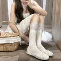 Chaussettes mi-hautes pour fille style ballet, printemps-été, ruban tissé à double aiguille, nœud, bordure en dentelle, blanc laiteux, douces, en polyester