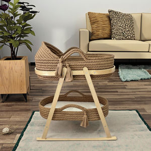 Handgemaakte moderne design Mozesmand van katoenen touw, geweven babybedje, gestreept, geweven mandje voor pasgeborenen met houten handvat, gehaakt wiegje - Product Image 6