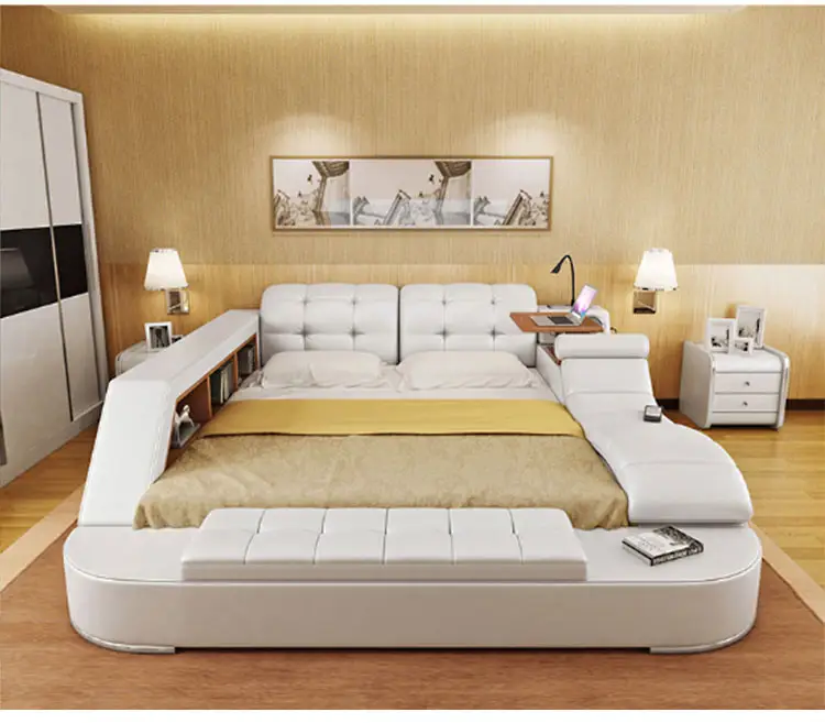 モダンなキングサイズのベッド多機能マッサージベッドルーム家具レザーベッドスピーカー付きUSB充電器マッサージソファベッドセット