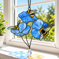 Attrape-soleil en vitrail Art Déco à thème abeille, motif floral bleu, décoration Cottagecore, cadeau unique pour anniversaire YAPPIE HD-0374