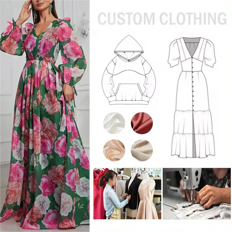 designer fashion vacation beach women's boho dress with long sleeve maxi dress custom floral hawaiian dress