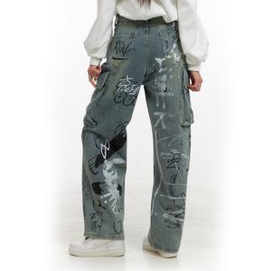Nueva Llegada, Jeans Cargo de Moda Urbana para Mujer con Logotipo Personalizado, Jeans Holgados de Pierna Recta con Estampado de Grafiti - Product Image 5
