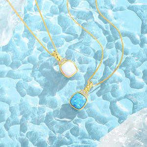 Collar con colgante de ópalo azul con corte cojín, chapado en oro sobre plata de ley 925, con engaste en bisel, cadena de cuerda fina, joyería vintage para mujer. - Product Image 5