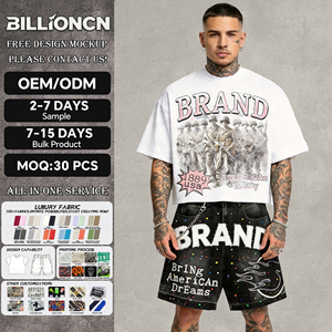 Men's Retro American Super Street Printed T-Shirt Breathable Casual <b>Hip</b>-Hop Style Washed Drill Shorts Suit <b>for</b> Summer - Product Image 1