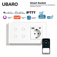 Interruptor de Luz Táctil Inteligente UBARO de 4 Canales, WiFi 2.4GHz, Cristal Templado, Enchufe Schuko EU, Monitor de Energía USB C, Compatible con Alexa y Google Home