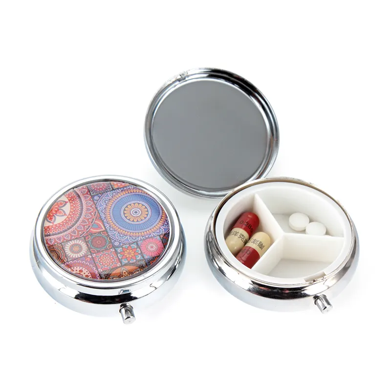 Custom LOGO 50mm Round Metal Pill Box Medicine case compact metal traveling vitamin box With mirror