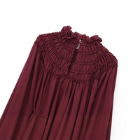 Robe Courte Victorienne à Col Montant et Volants pour Femme, Taille Naturelle Froncée avec Nœud, Manches Longues, Style Bohème, Élégante pour le Bureau, Rouge Bordeaux Fluide en Popeline