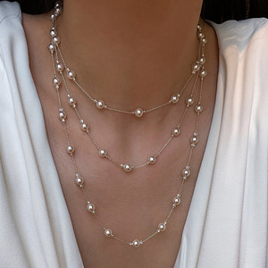 Collana Multistrato con Perle Imitate ad Alta Lucentezza, Catena di Perline Impilabile in Acciaio Inossidabile, Gioielli Moda Donna - Product Image 1