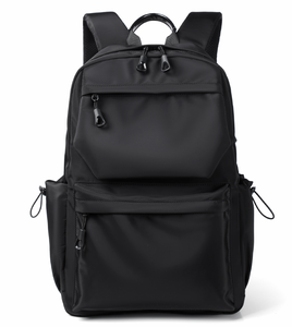 Black Polyester Men <b>Backpack</b> <b>Large</b> Capacity School Travel Laptop Bag Zipper Closure Multi Pocket Daypack - Product Image 1