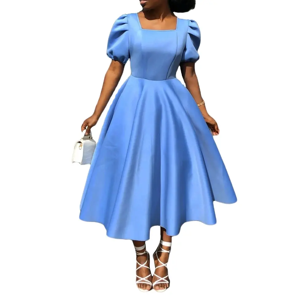 Women's Pullover Big Hem Blue Dresses Square Neck Short Sleeve High Waist Pleated Cocktail Party Dress