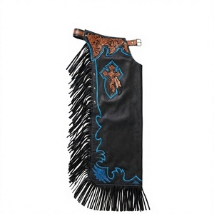 Cuissardes de Rodeo Personnalisées en Cuir Noir Taille Moyenne pour l'Équitation à la Vache, Équipement de Cowboy avec Bordure Turquoise, Incrustation de Plumes Croisées et Franges - Product Image 1