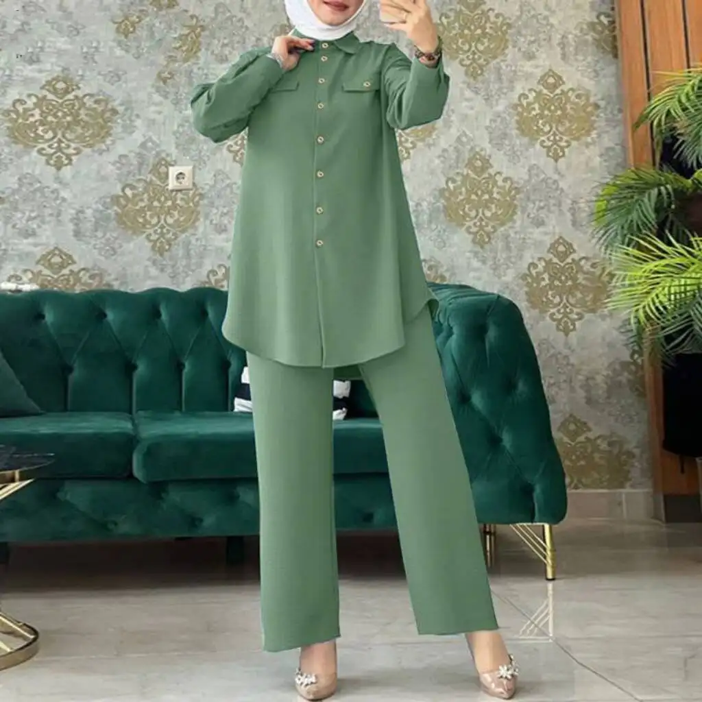 Conjunto de 2 peças de blusa e calça abaya muçulmana para mulheres, roupa de estilo abaya turquia, roupa de cor sólida