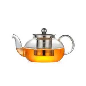 กาน้ำชาแก้วสไตล์เรียบง่ายพร้อมตัวกรองหม้อชาแก้วแบบกำหนดเองพร้อมขอบ