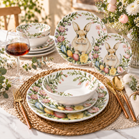 Service de vaisselle en céramique imprimé numérique 3D, 12 pièces, sous glaçure, sans plomb, assiettes en porcelaine motif floral printanier et lapin, Pâques