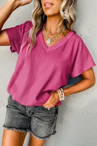 LC25223652 2024 Wholesale Summer Fashion Casual Short Sleeve Bright Pink Basic Plain Textured V Neck Blouse