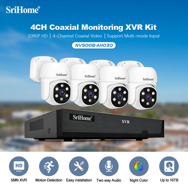 SriHome Outdoor Indoor 2MP DVR/XVR Camera 4CH Kits  Cctv Security Camera System Support 16TB Hdd Storage