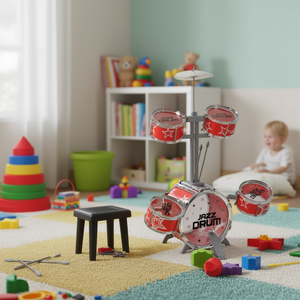 Batterie de jazz jouet pour enfant, instrument de musique rouge avec étoiles, kit de batterie 5 pièces avec tabouret et baguettes - Product Image 3