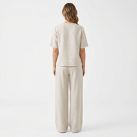 Ensemble pantalon décontracté 2 pièces en lin (55%) et viscose (45%) pour femme, pantalon large et chemise à manches courtes, tenue de villégiature estivale, personnalisable OEM, grandes tailles