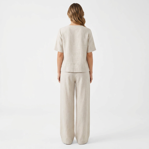 Completo Due Pezzi in Misto <span class=keywords><strong>Lino</strong></span> per <span class=keywords><strong>Donna</strong></span>, <span class=keywords><strong>Pantaloni</strong></span> a Gamba Larga e Camicia a Maniche Corte, Abbigliamento Estivo da Resort con Logo Personalizzato - Product Image 2