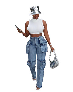 Jeans <span class=keywords><strong>Cargo</strong></span> da Donna con Tasche Grandi <span class=keywords><strong>Pantaloni</strong></span> Larghi in Denim Primavera Inverno 2024 Casual a Gamba Dritta - Product Image 2