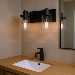 Modern <b>Rustic</b> 2-<b>Light</b> Wall Sconce Matte Black Finish Clear Glass Shade <b>Bathroom</b> <b>Vanity</b> Lighting - Product Image 2