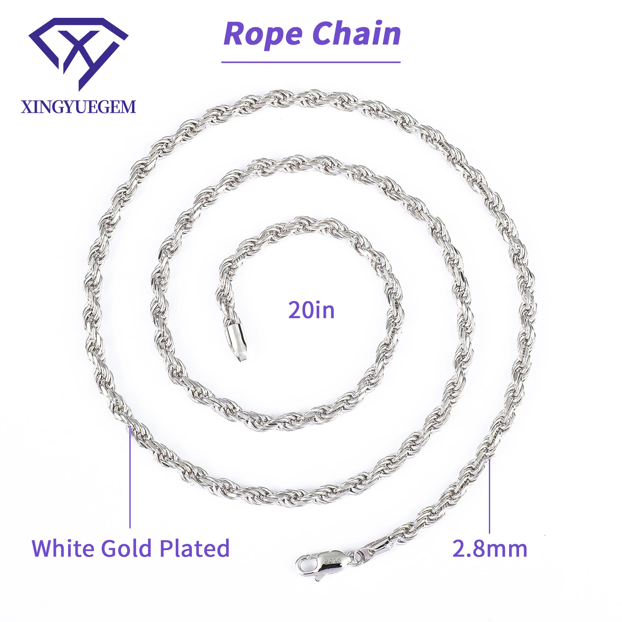 2.8mm 20in silver color rope chain