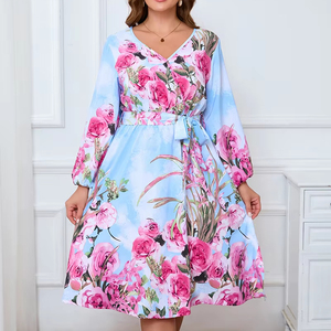 <b>Plus</b> <b>Size</b> Women's Temperament Dress V-neck Long Sleeve Printed Midi Skirt - Product Image 1
