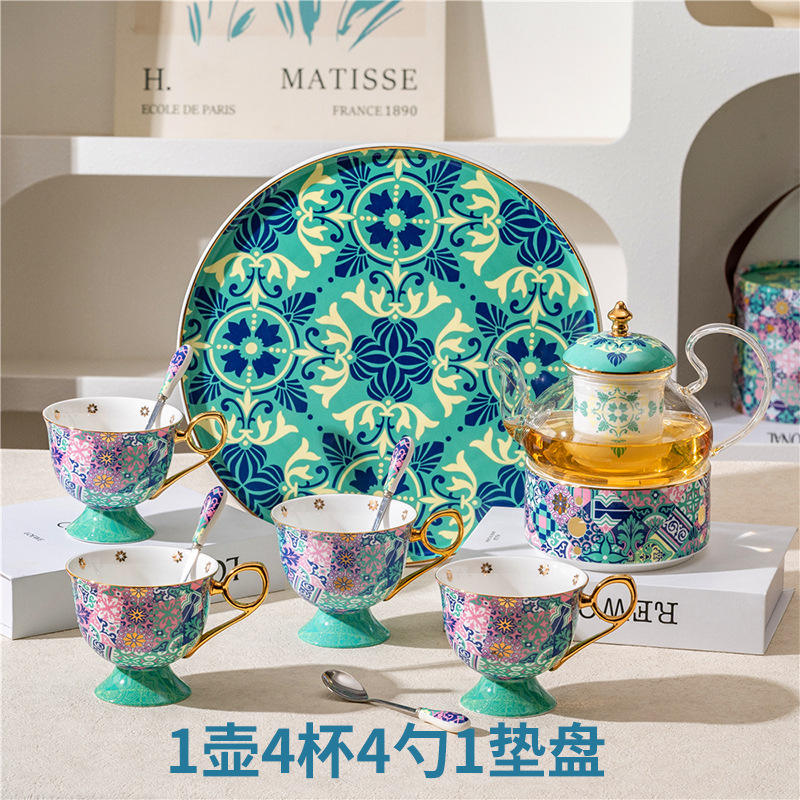 Tall flower tea set gift box (1 pot, 4 cups, 4 spoons, 1 tray)