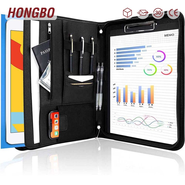 Retro Style Black Faux Leather Padfolio Folder with Zipper for Unisex Office Use