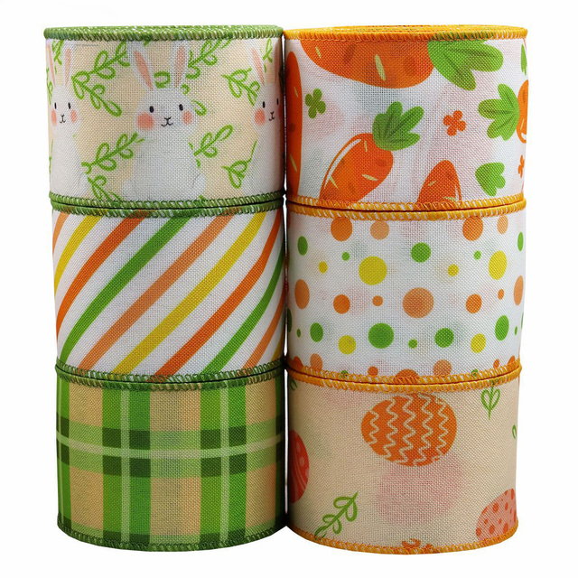 In Stock Festive 6.3cm 5/10Yards Serged Edge Grosgrain Polyester Easter Wired Ribbon for Easter Basket Decor Gift Wrapping