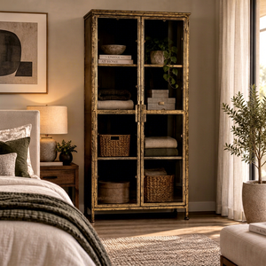 Rustic Metal <b>Wardrobe</b> with Glass Doors 4 Shelves Storage Cabinet Bedroom Furniture Antique Finish Metal Handles - Product Image 1